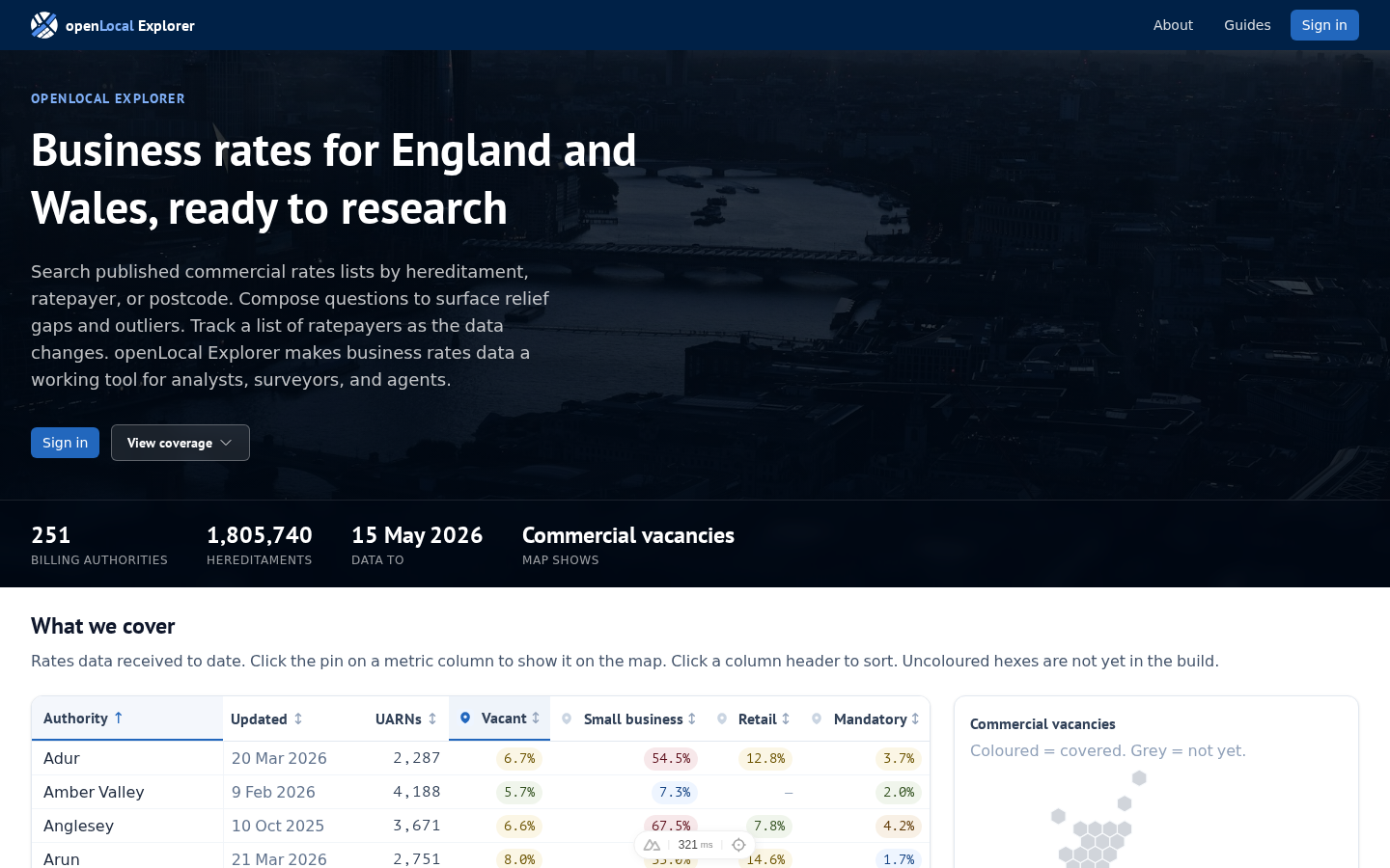 The public landing page: coverage across England and Wales, with the ways in.
