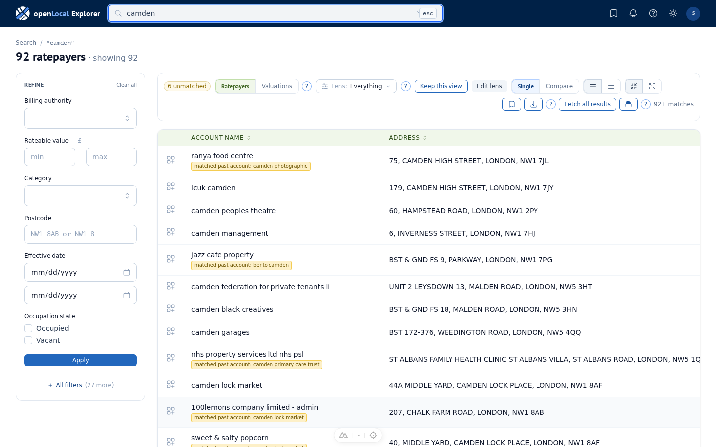 The Search results frame: a ratepayer-anchored result set, with the refine rail, the anchor toggle, and the lens picker.